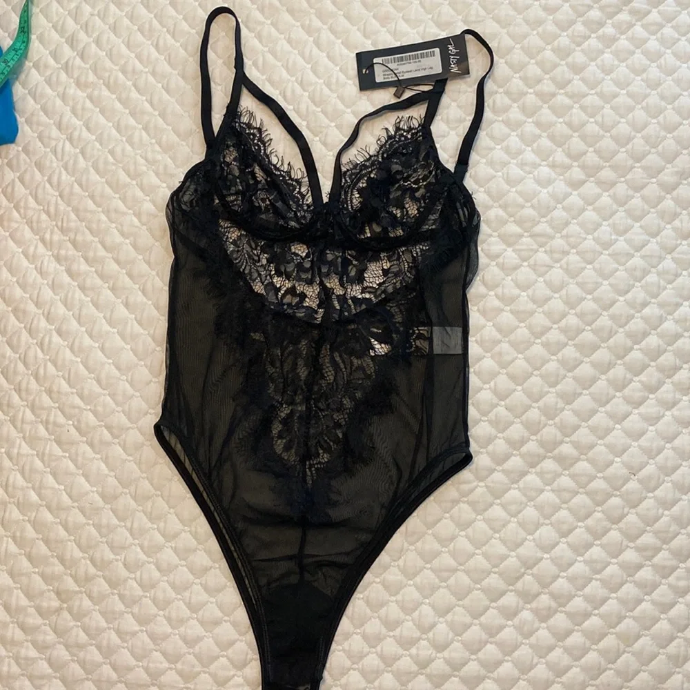 Nasty Gal Strappy Detail Eyelash Lace High Leg Body Black Medium 88% Poly,12% El - Picture 1 of 7